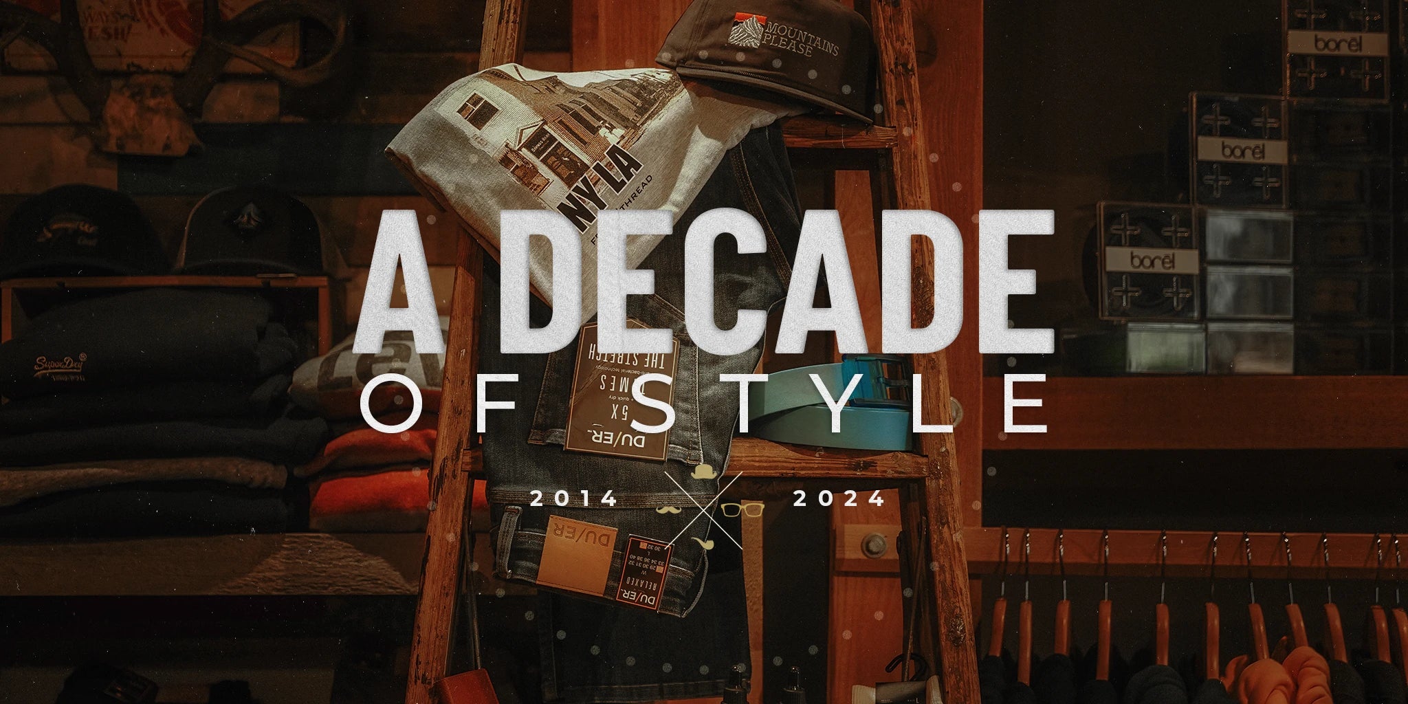 "A Decade of Style" text graphic with clothing background