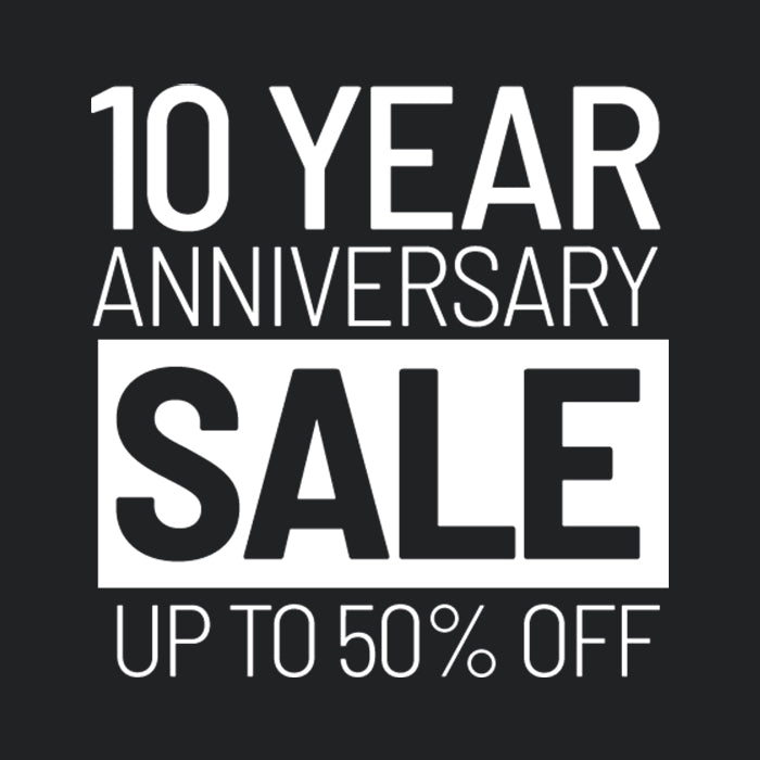 "10 Year Anniversary Sale, Up to 50% Off" Text Graphic