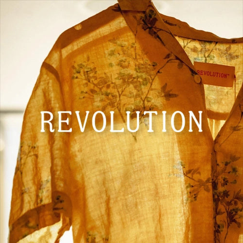 Translucent yellow button-up short sleeve casual shirt with Revolution logo overlayed