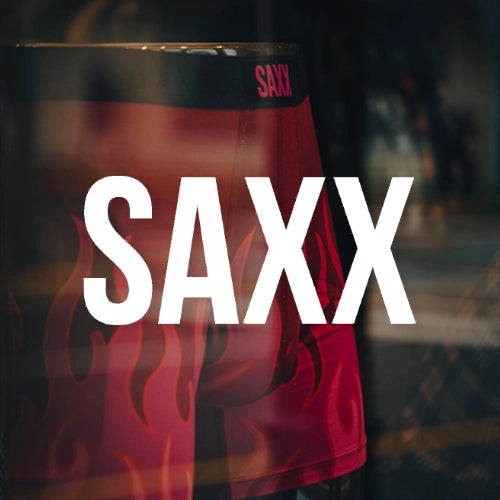 Saxx Pink Flame Boxer Briefs with Saxx Underwear logo overlayed