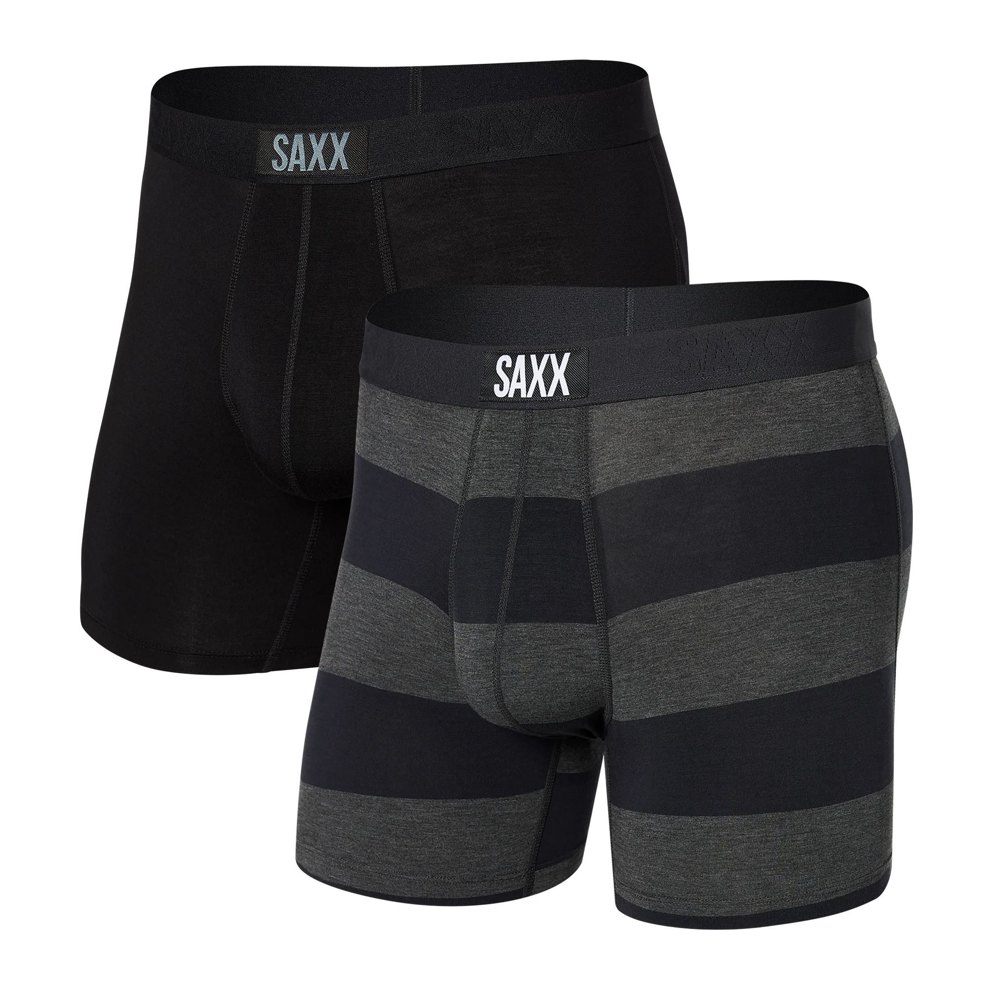 'SAXX Vibe 2-Pack Boxer Briefs - Graphite Ombre Rugby/Black' in 'Graphite Ombre/Black' colour