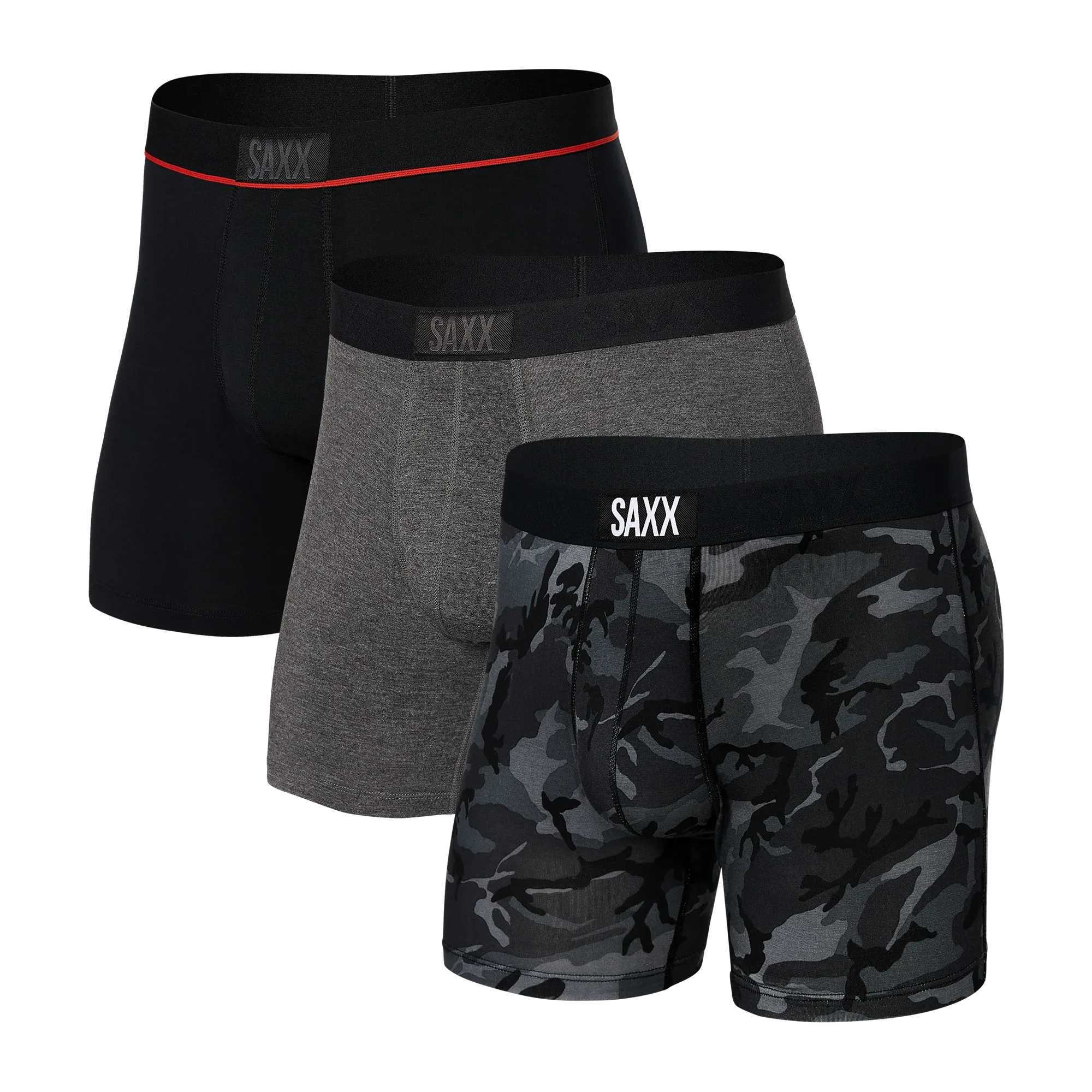 'SAXX Vibe 3-Pack Boxer Briefs - Wood Camo/Graphite Heather/Black' in 'Wood Camo/Graphite Heather/Black' colour