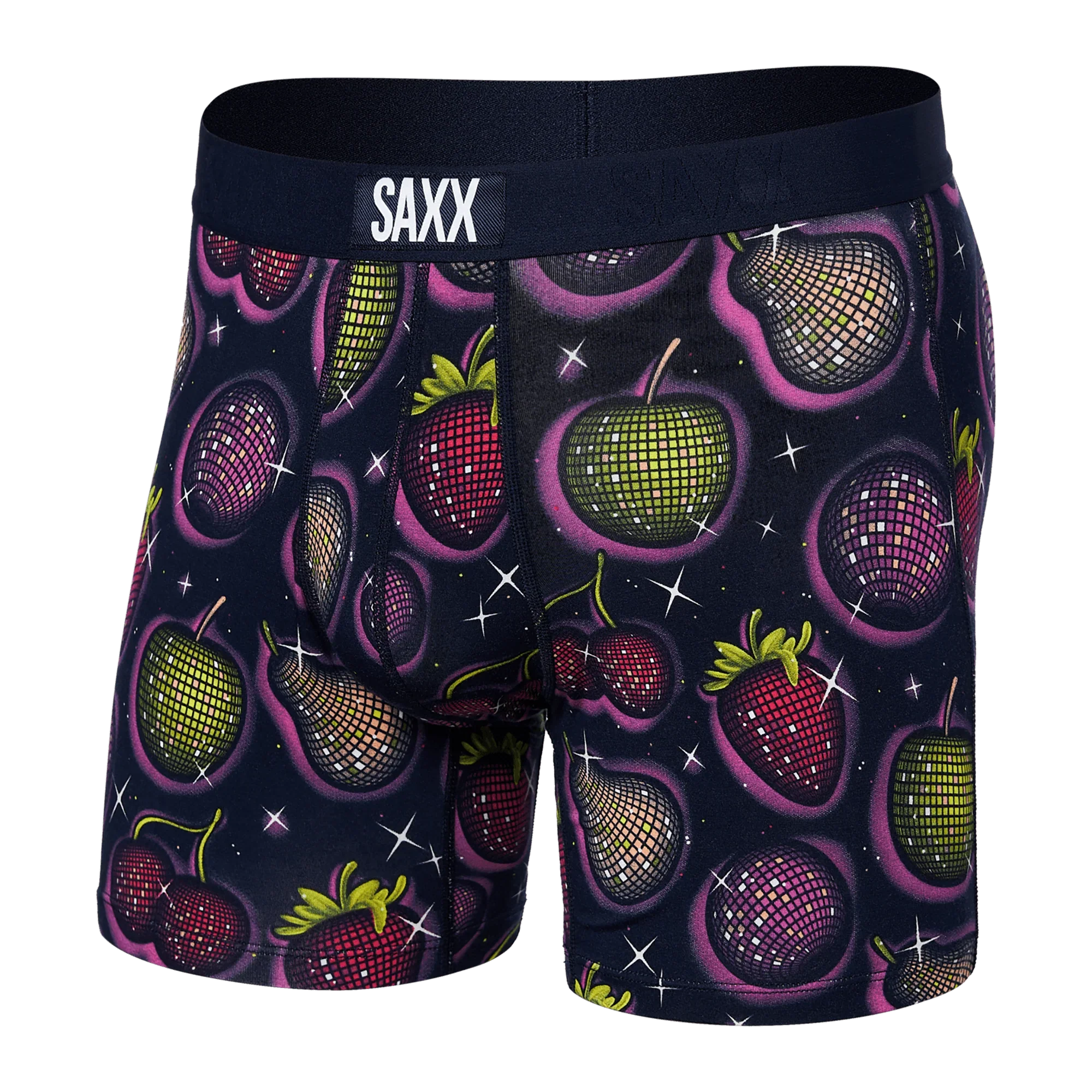 'SAXX Vibe Super Soft Boxer Brief - Disco Fruit' in 'Maritime Blue' colour