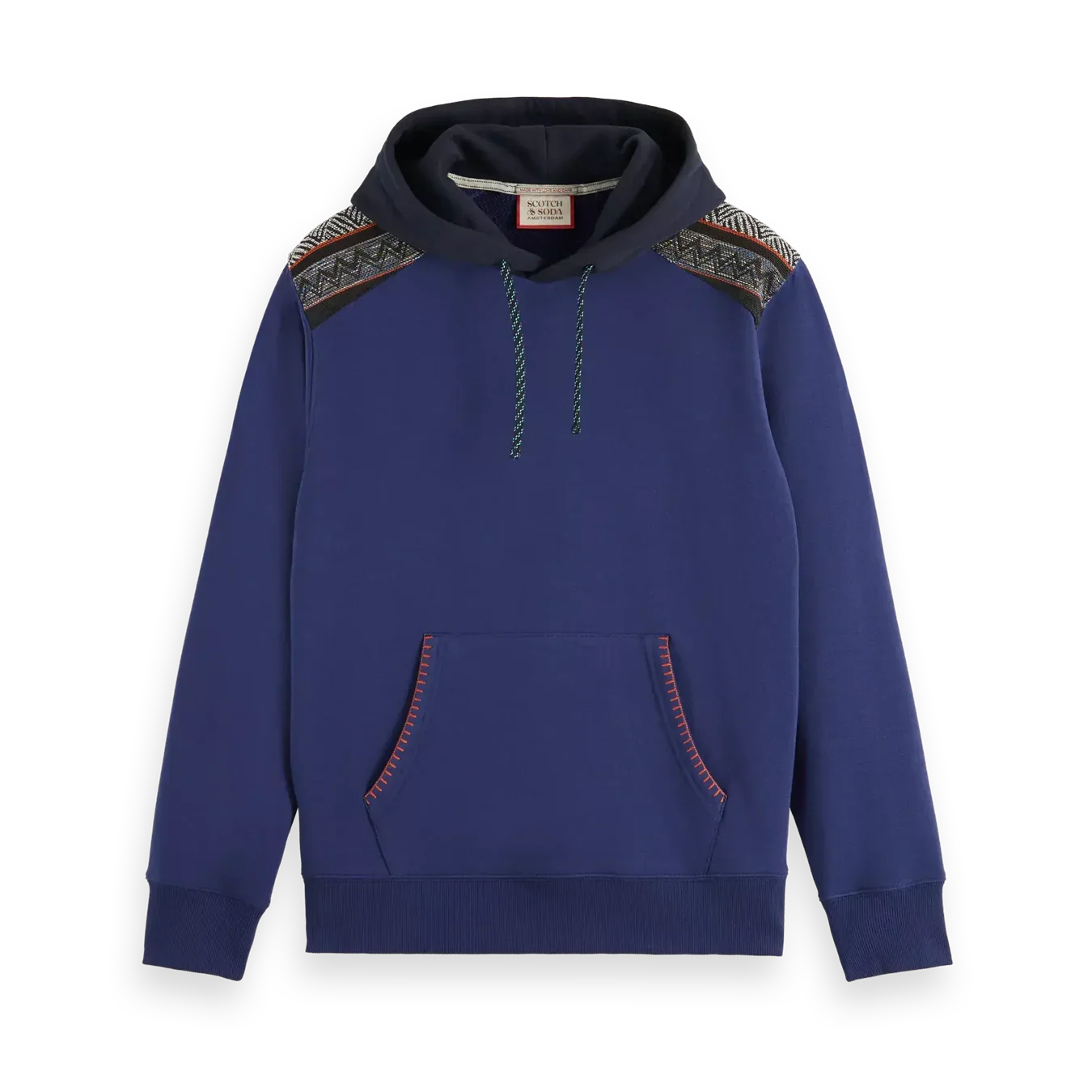 'Scotch & Soda Mixed Fabric Hoodie w/ Textured Shoulders' in 'Denim Blue' colour