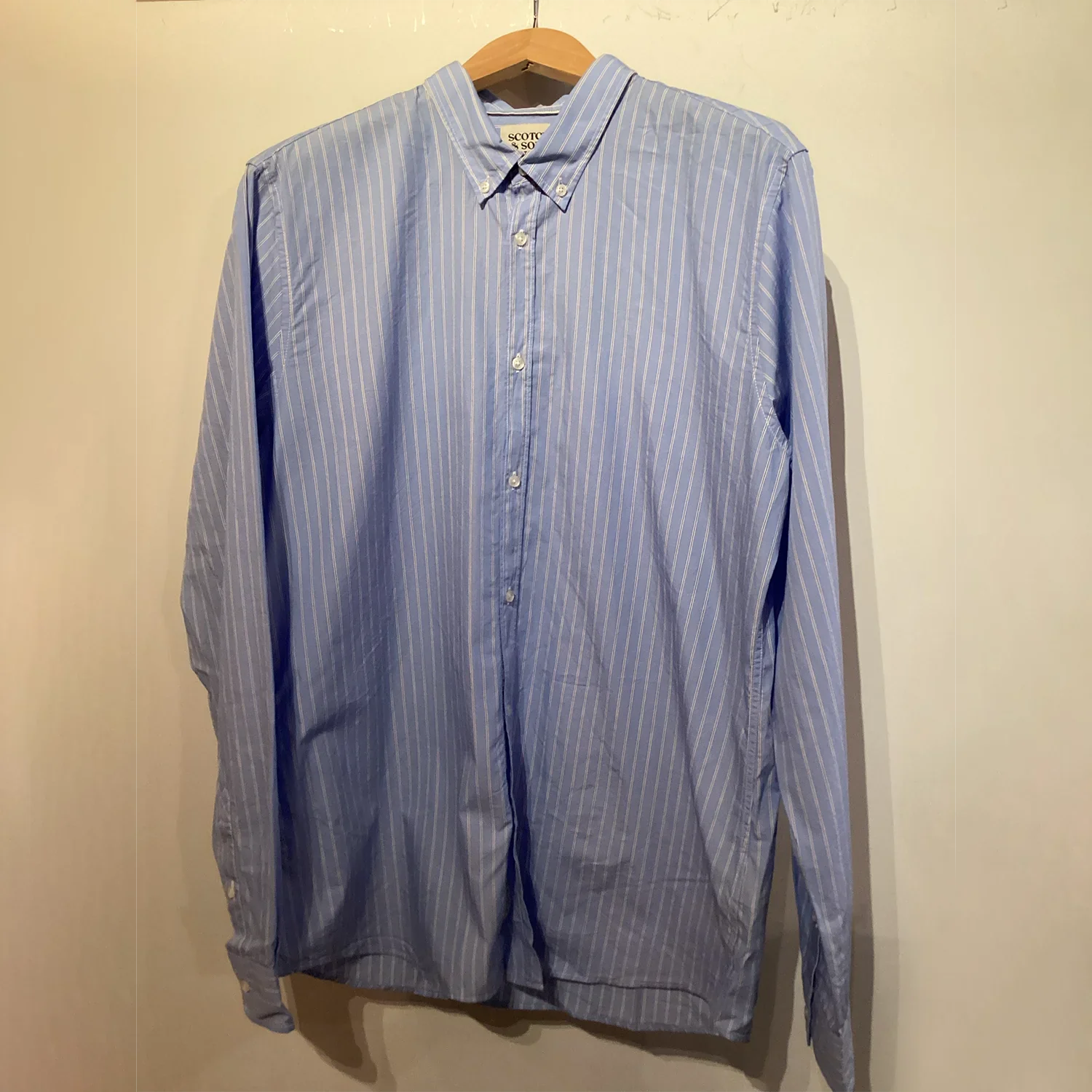 'Scotch & Soda Essential Poplin Striped Button Up Shirt - Slim Fit' in 'Wide Stripe Blue' colour