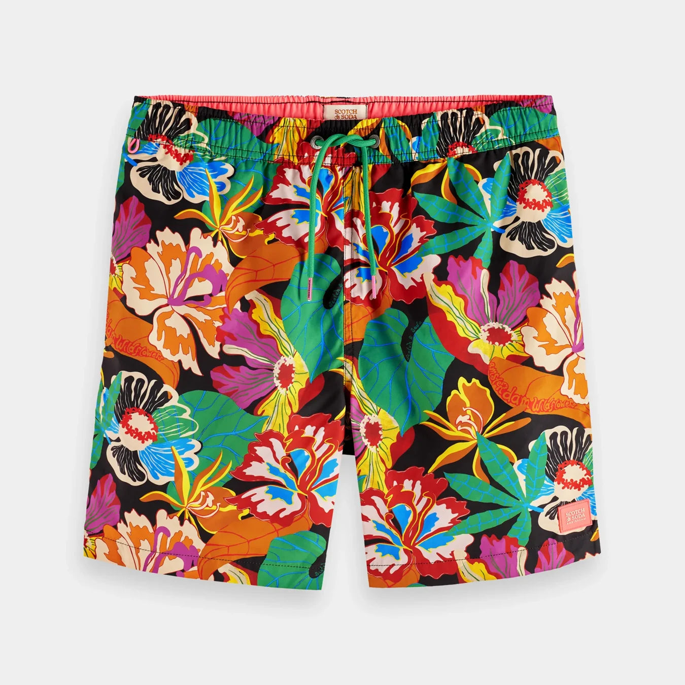 'Scotch & Soda Mid-Length Printed Swim Shorts' in 'Black Floral' colour
