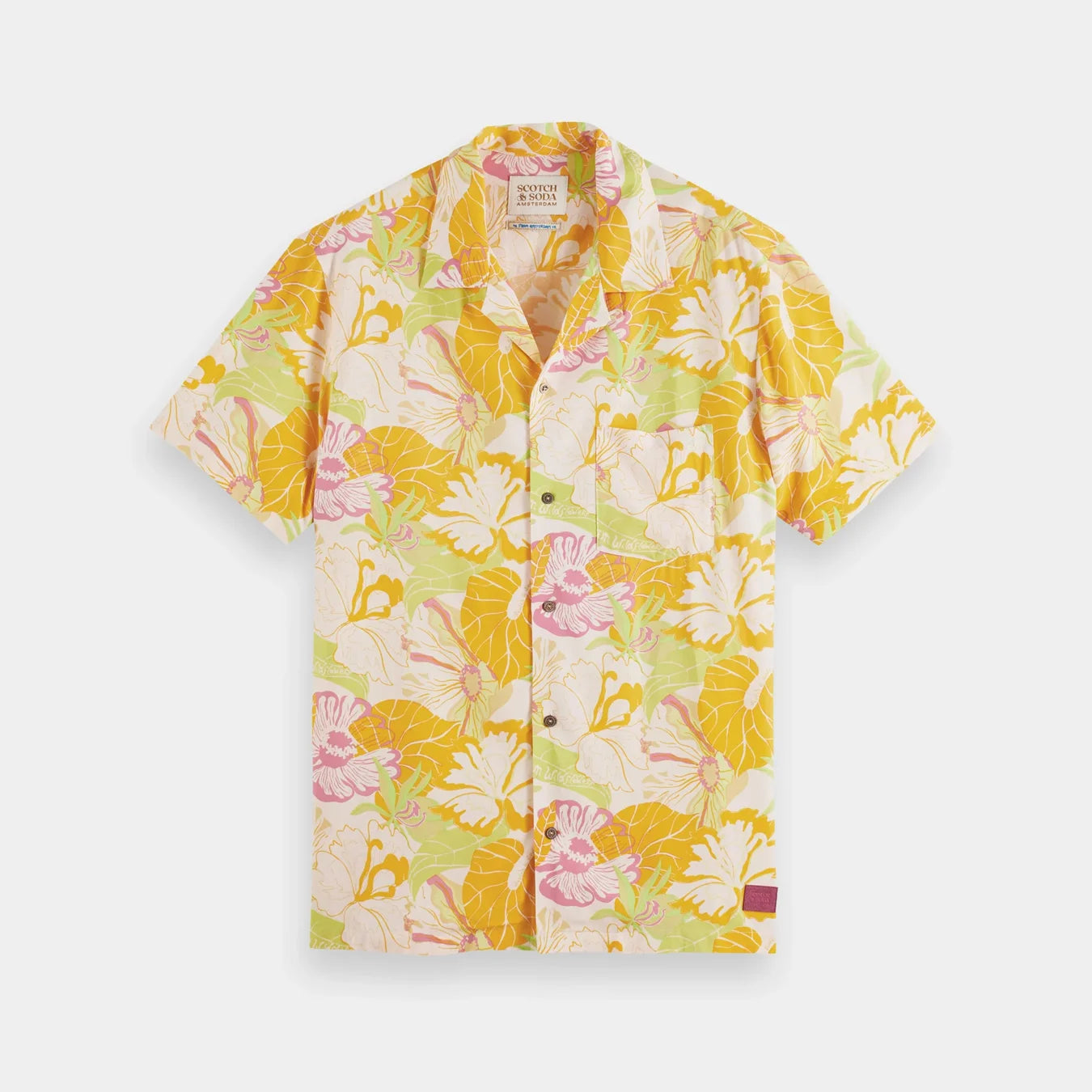 'Scotch & Soda Short Sleeve Floral Printed Camp Shirt' in 'Yellow' colour