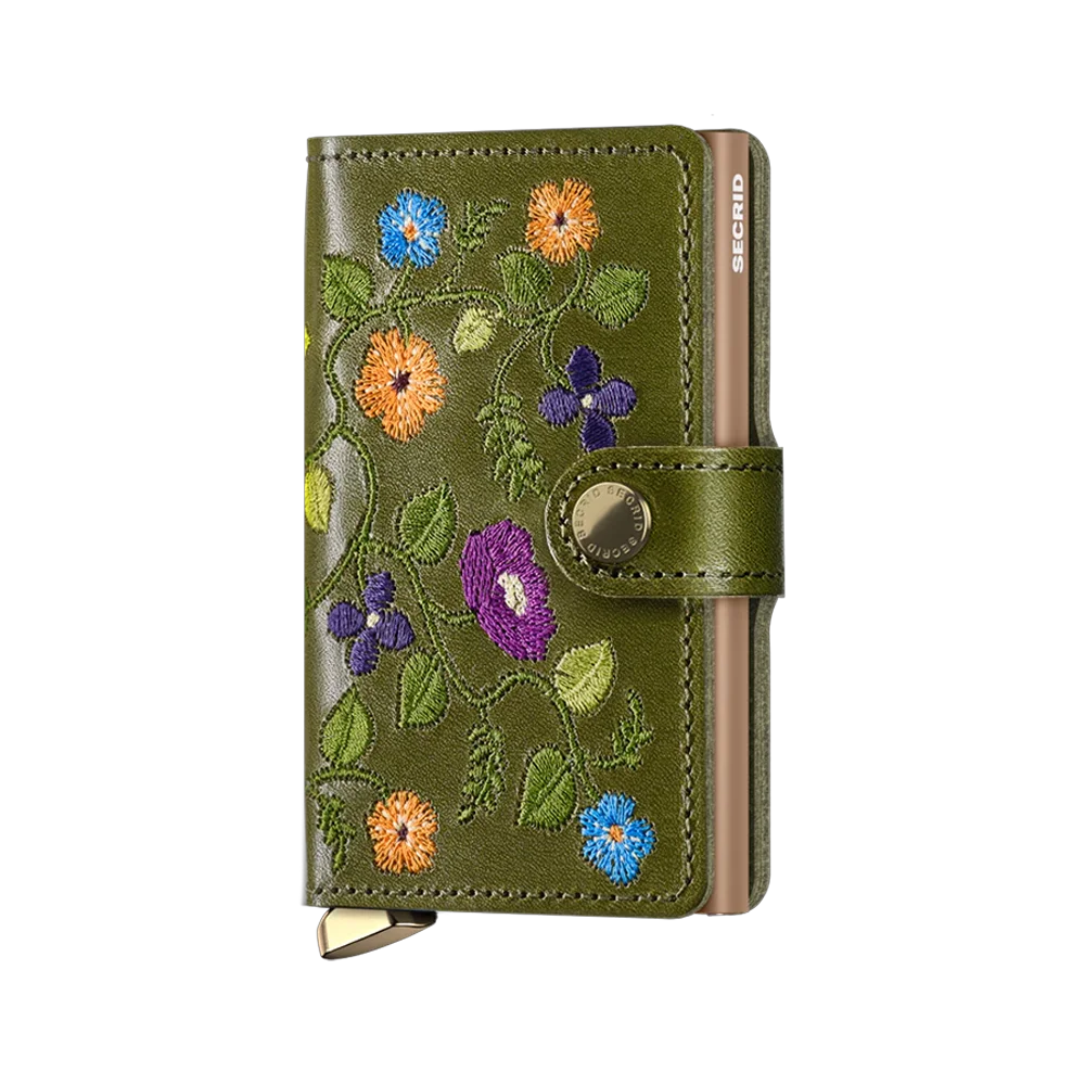 'Secrid Miniwallet - Premium Stitch Floral' in 'Olive' colour
