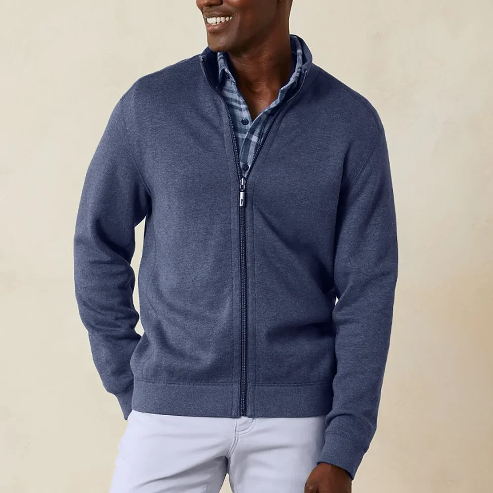 'Tommy Bahama Flipsider Full Zip Sweater' in 'Island Navy Heather' colour