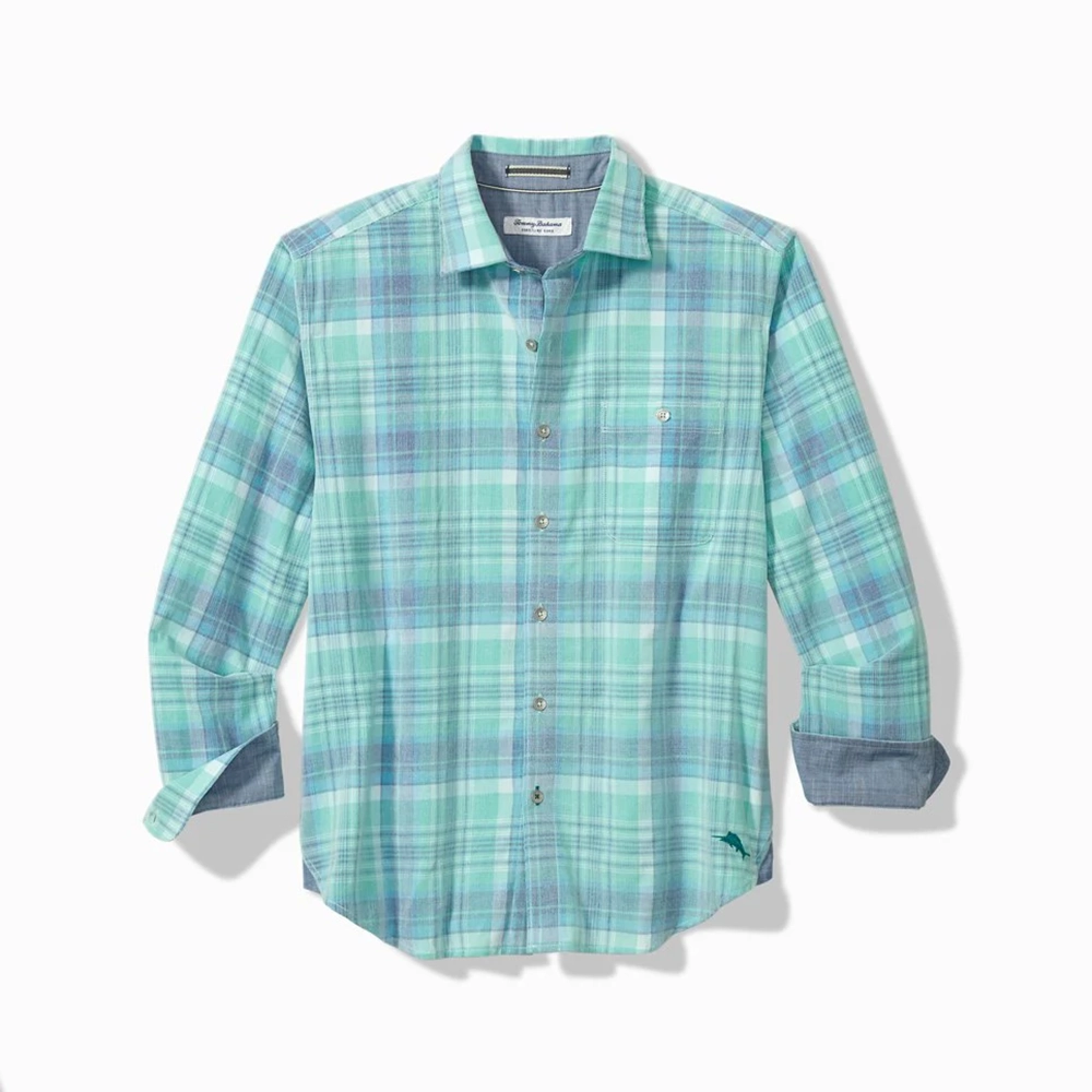 'Tommy Bahama Sunny Isles Plaid Linen Shirt' in 'Aqua' colour