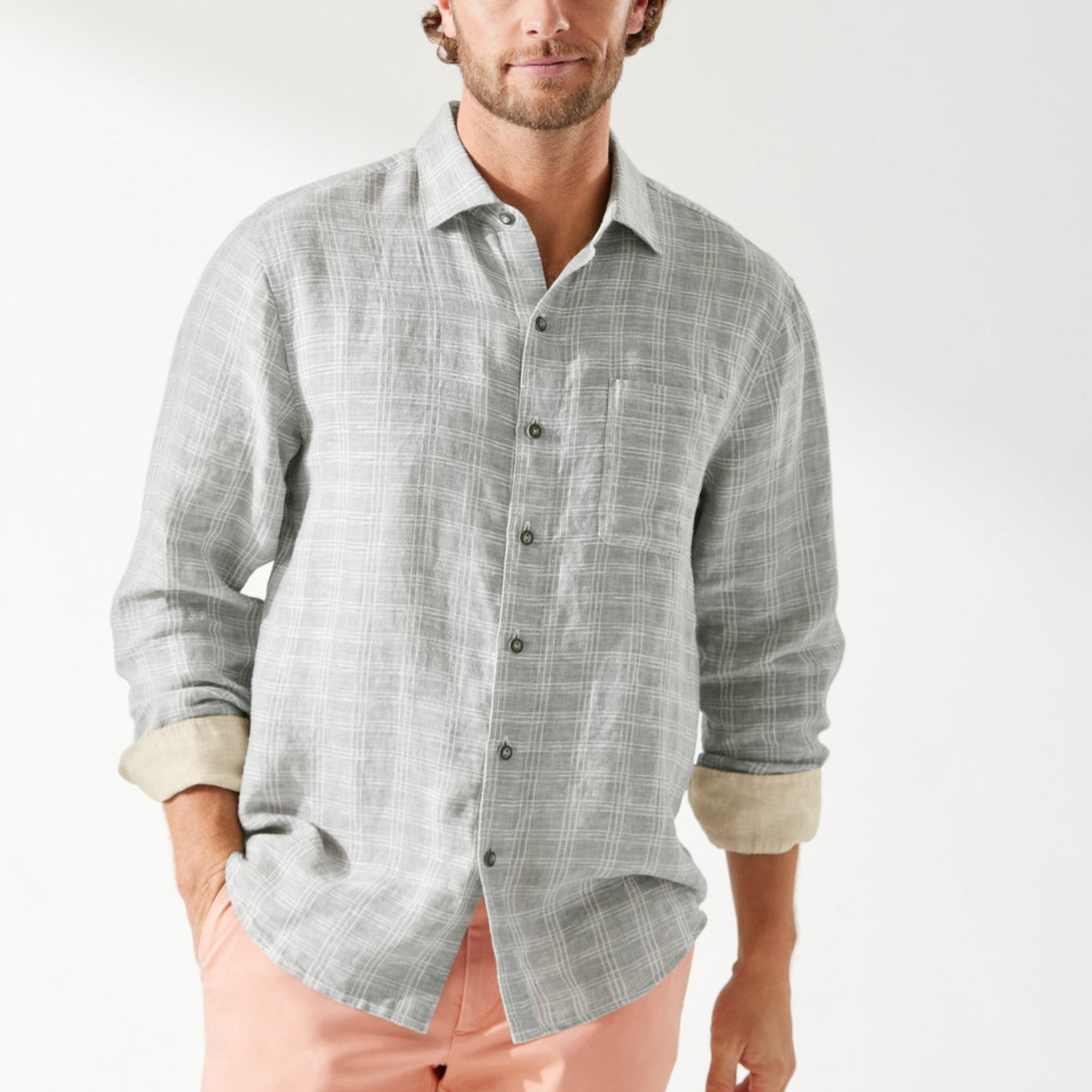 'Tommy Bahama Ventana Plaid Linen Shirt' in 'Carbon Grey' colour